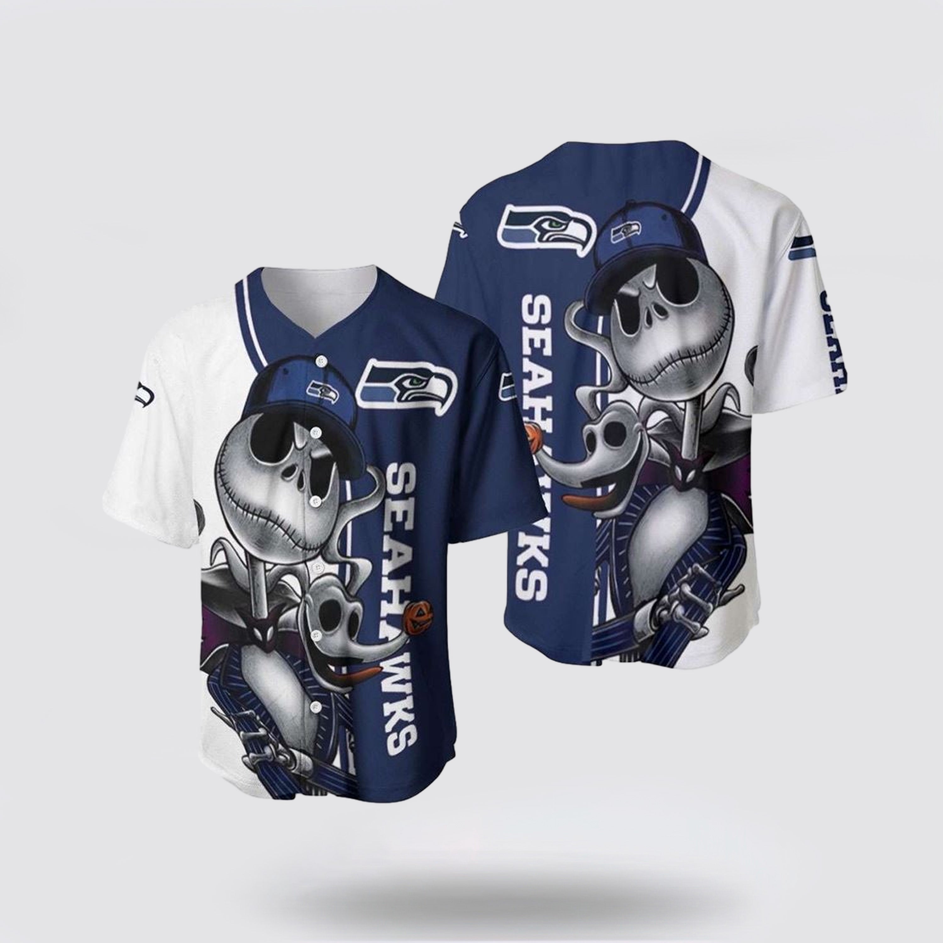 NFL Seattle Seahawks Baseball Jersey Jack Skellington And Zero Perfect Your Team Pride In Laid Back Fashion