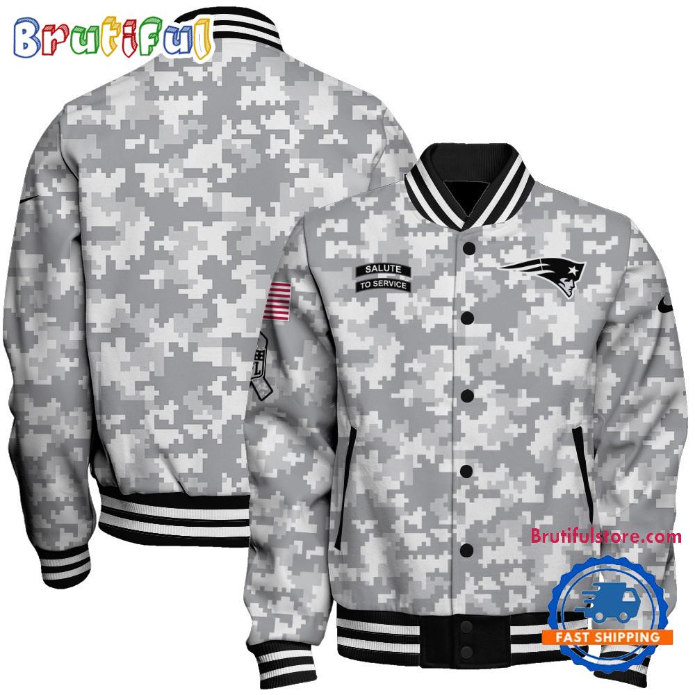 New England Patriots National Football League Arctic Camo Salute To Service Veterans Varsity Jacket